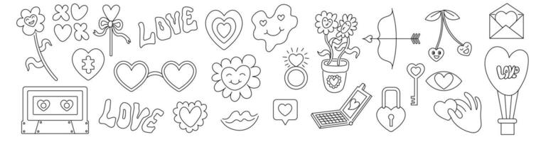 linear set of valentines day elements in doodle style. Icons for decoration design mail posts postcards poster print invitation background backdrop wrapping wallpaper vector