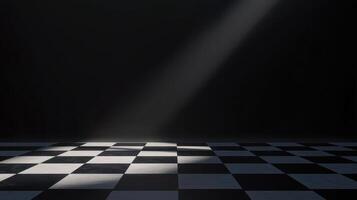 Light rays illuminate a checkered floor in a dark room creating a dramatic atmosphere for artistic expression photo