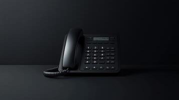 Black landline telephone placed on a dark surface in a minimalist setting showcasing design and function photo