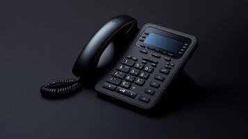 Modern black telephone on a dark surface showcasing its sleek design and functionality for communication at home or office photo