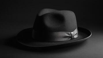 Classic black fedora hat resting on a dark surface with soft lighting highlighting its shape and texture photo