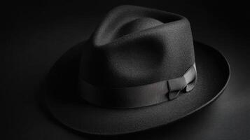 Timeless elegance of a classic black fedora hat showcased against a dark backdrop in a stylish fashion display photo
