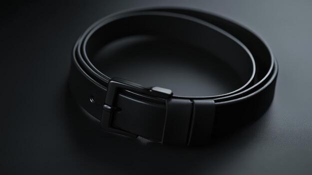 Sleek black belt resting on a dark surface with a minimalist design and modern buckle photo