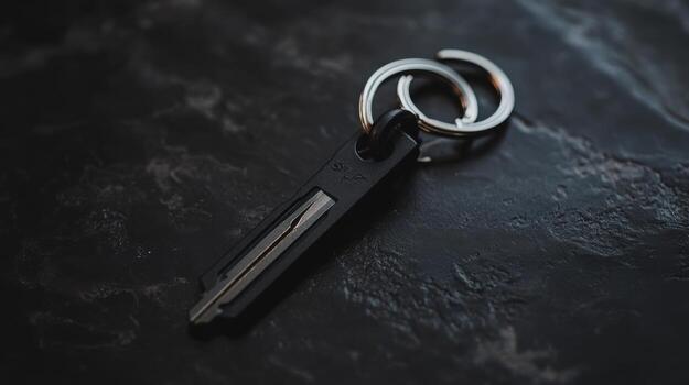 Key on metal ring placed on a dark textured surface highlighting its sleek design and functionality photo