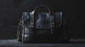 Stylish black leather messenger bag displayed against a dark backdrop emphasizing its design and craftsmanship photo