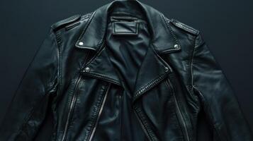 Black leather jacket displayed on a dark background emphasizing texture and style for fashion enthusiasts and designers photo