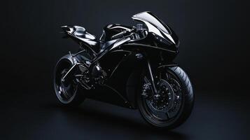 Sleek black motorcycle displayed in a dark studio setting with dramatic lighting showcasing its design features photo