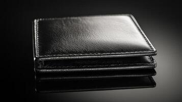 Elegant black leather wallet resting on a reflective surface, showcasing sleek design and craftsmanship photo