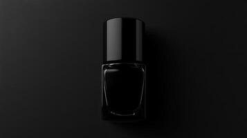 Black nail polish bottle against a dark background showcasing sleek, modern design and minimalist aesthetics inspiring beauty trends photo