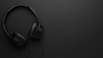 Black wireless headphones resting on a dark surface with minimalistic design in a modern setting for music lovers photo
