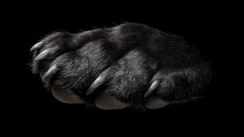 Close-up of a black animal paw with sharp claws resting on a dark surface photo