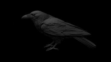 Black raven standing still against a dark background, showcasing intricate feather details and a natural pose for artistic appreciation photo