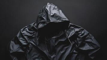 Sleek black hooded jacket displayed against a dark backdrop, showcasing its modern design and texture photo