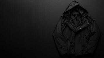 Stylish black jacket displayed on a dark background for an elegant fashion presentation photo