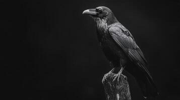Majestic black raven perched on a wooden post in low light conditions photo
