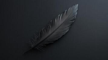 Majestic black feather resting on a dark surface highlighting its intricate details and texture photo