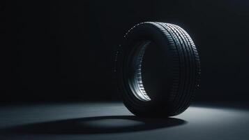 Tire illuminated with soft shadows in a dark space showcasing its texture and design from an artistic perspective photo