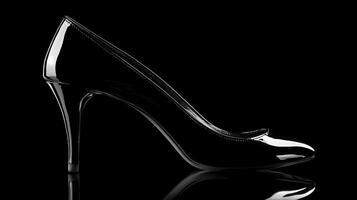 Elegant black high heel shoe displayed against a dark background to highlight its sleek design and glossy finish photo