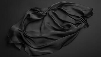 Black silk fabric draped gracefully on a dark surface creating elegant textures and shadows in a minimalist presentation photo