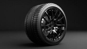 Black high-performance tire on a sleek rim displayed against a dark background showcasing modern automotive design photo
