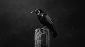 Black raven perched on a weathered wooden post against a dark background during a calm moment photo