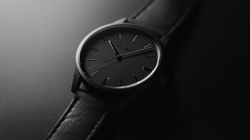 Elegant black wristwatch resting on a dark surface creates a timeless and minimalist aesthetic in soft lighting photo