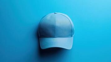 Bright blue cap laid flat on a smooth turquoise surface creating a minimalist aesthetic in a well-lit setting photo