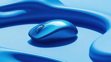 Blue wireless computer mouse resting on a smooth blue surface with wavy patterns illuminated by soft light photo