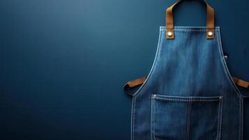 Denim apron hanging against a dark blue background, perfect for culinary or crafting activities at home or in a studio photo