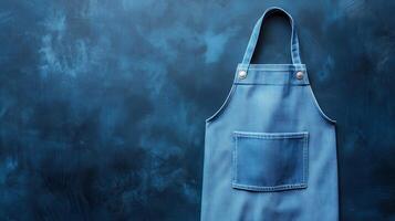 Denim apron hanging against a textured blue wall in a cozy kitchen setting photo