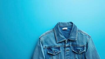 Classic denim jacket displayed against a vibrant blue background highlighting fashion and style choices photo