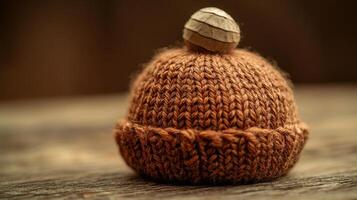A knitted hat sitting on top of a wooden table photo
