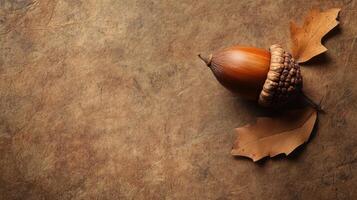 Acorn and autumn leaves on brown background photo
