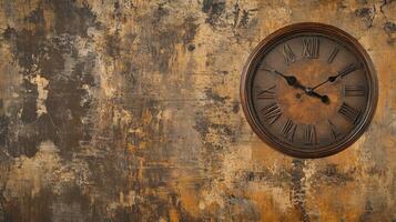 A clock on a wall with a brown background photo