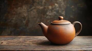 An old teapot on a wooden table photo
