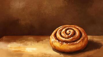 A painting of a cinnamon roll on a table photo