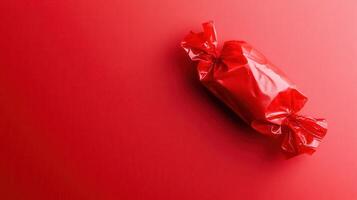A red wrapped candy wrapped in plastic on a red background photo