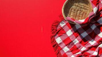 A basket of food and a red checkered blanket photo