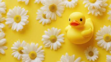 A yellow rubber duck surrounded by white daisies photo