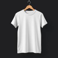 Blank White T-Shirt Hanging on a Wooden Hanger Against a Black Background photo