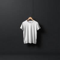 White TShirt Hanging on a Wooden Hanger Against a Black Background photo