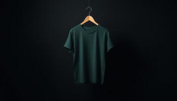 Dark Green TShirt Hanging on a Wooden Hanger Against a Black Background photo
