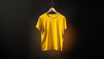 Yellow T-Shirt Hanging on a Hanger Against a Black Background photo