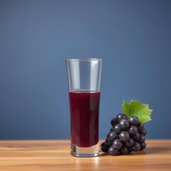 Glass of Grape Juice and Fresh Grapes on Wood photo
