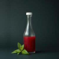 Red liquid in a glass bottle with green leaves photo