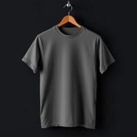 Grey T-shirt Hanging on Wooden Hanger Against Black Background photo