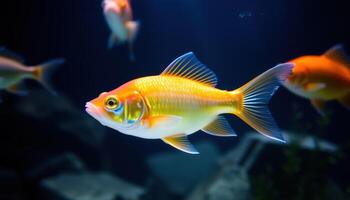 A Colorful Fish with Yellow and Orange Scales Swimming in a Dark Aquarium photo