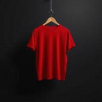 Red T-shirt Hanging on Wooden Hanger Against Black Background photo