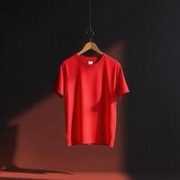 Red T-Shirt Hanging on Wooden Hanger Against a Dark Background photo