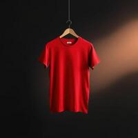Red T-Shirt Hanging on a Wooden Hanger Against a Black Background photo